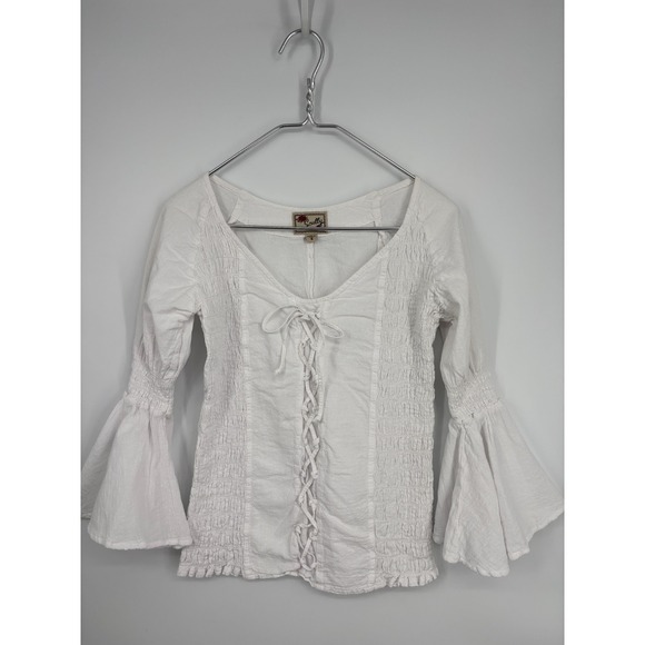 Scully Tops - Scully Blouse Womens S White Smocked Bell Sleeves Lace Up Western Festival